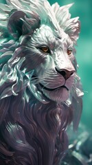 Majestic silver lion head with iridescent metallic mane. Vertical fantasy digital art portrait of a wild predator sculpture
