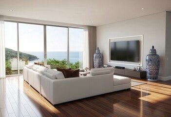 A modern living room features a plush white sectional sofa, a large TV, and expansive windows overlooking a stunning ocean view.