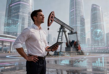 A businessman stands outdoors, holding a tablet and gazing at a futuristic cityscape. This image conveys themes of innovation, technology, and forward-thinking business leadership.