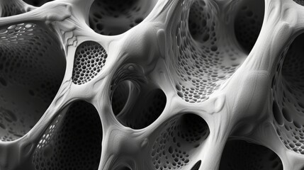 Monochrome close-up of a complex porous structure. Abstract 3D render of a biological network resembling bone tissue