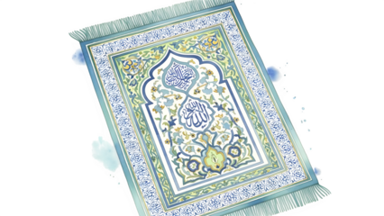 Watercolor illustration of a beautiful islamic prayer rug with intricate traditional patterns and calligraphy isolated on transparent background