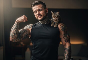 A muscular man with tattoos displays his strength while holding a cat on his shoulder in a dimly lit room.