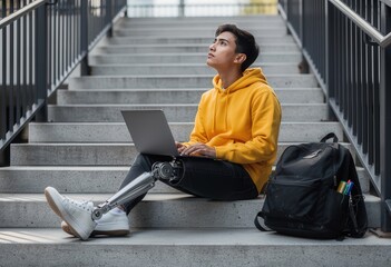 A young man with a prosthetic leg sits on concrete steps, using a laptop and carrying a backpack.