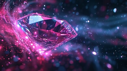 A glowing pink diamond gemstone in a cosmic space background. Brilliant sparkling jewel with magenta light and swirling particles. Abstract luxury and fantasy concept
