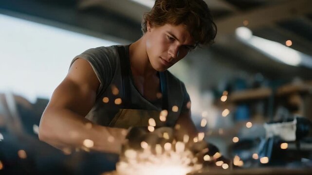 A contemporary sculptor welding metal pieces together in an industrial workshop, sparks flying to illustrate modern sculpture and material experimentation. cinematic color correction, natural