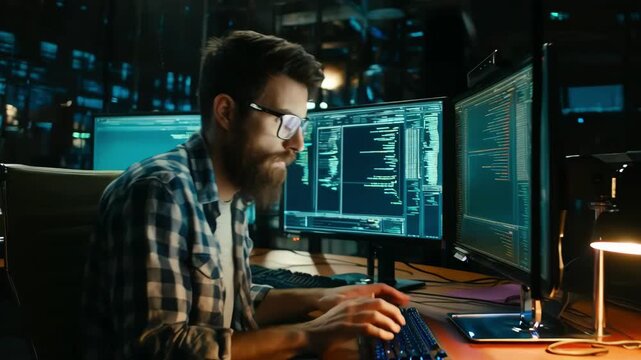 Medium shot of a developer coding smart contracts to automate accurate tax calculations and ensure transparent compliance