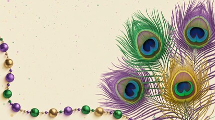Obraz premium Vibrant peacock feathers with beads on cream background colorful decorative elements for design