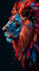Artistic portrait of a fantasy lion with a vibrant, colorful feathered mane. Abstract wildlife illustration concept of power and strength