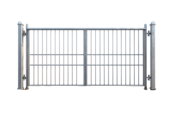 Tall metal security gate with vertical bars and a rectangular frame, industrial gray finish with visible hinges and side posts, sturdy construction details, isolated on transparent background.
