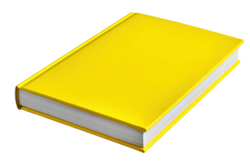 Bright yellow hardcover book closed shut with clean rectangular form, visible spine and slight page edge thickness with crisp corners and subtle cover texture, isolated on transparent background.
