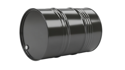 Glossy black metal oil barrel isolated on transparent background