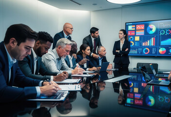 A diverse group of business professionals attentively observes data displayed on a screen during a meeting in a modern conference room.