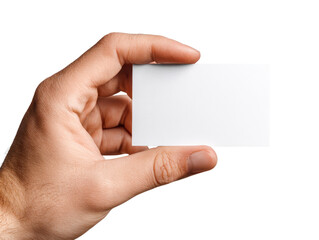 Obraz premium Human hand holding a blank white business card between thumb and index finger, clean rectangular card with sharp corners and natural skin texture details, isolated on transparent background. 