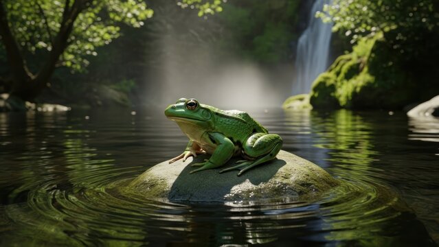 Green frog sitting on a rock in a tranquil pond scene