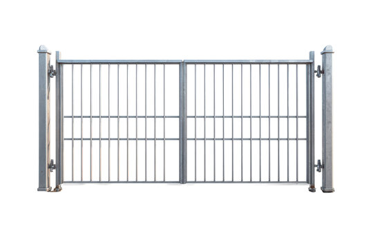 Tall metal security gate with vertical bars and a rectangular frame, industrial gray finish with visible hinges and side posts, sturdy construction details, isolated on transparent background.
