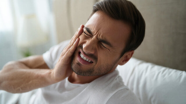 Man suffering from toothache with facial tension in bed, bruxism and TMJ migraine, sleep apnea connection, facial muscle stress impact, nervous system regulation challenges