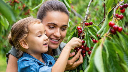 Young mother and daughter picking cherries together in orchard, enjoying nature, sharing joyful summer moment, building connection through care, curiosity, learning, togetherness, love, and presence