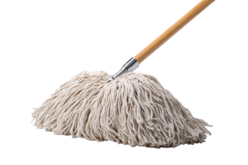 Floor mop with a long handle and beige mop head strands, detailed fiber texture with slightly splayed ends and a clean household tool silhouette, isolated on transparent background.
