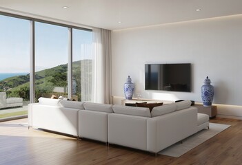 A modern living room features a plush white sectional sofa, hardwood floors, and expansive ocean views.