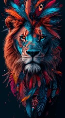 A stylized portrait of a majestic lion with a colorful feather mane. Fantasy digital art illustration of a wild animal with glowing eyes. Concept of power and nature