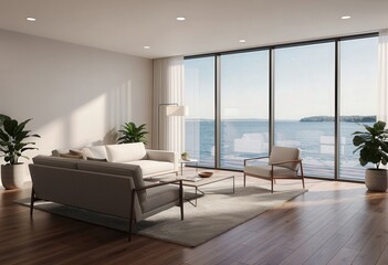 A modern living room features a comfortable sofa, chairs, and a view of a serene lake. This image evokes a sense of peaceful relaxation and sophisticated coastal living.
