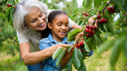 Elderly grandmother and young granddaughter harvesting ripe cherries in a sunlit orchard, sharing patient guidance, learning through hands on care, family bonding in a multigenerational garden