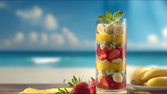 A layered fruit parfait with strawberries, bananas, yellow cream, mint, and sea backdrop