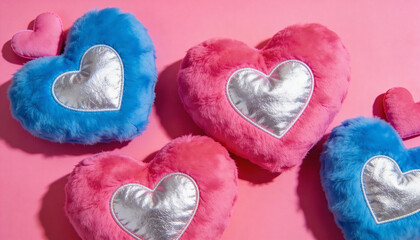 Colorful heart shaped pillows in blue and pink on pink background
