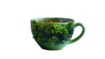 Green ceramic teacup featuring lush forest trees forming surreal miniature nature landscape scene isolated on white background