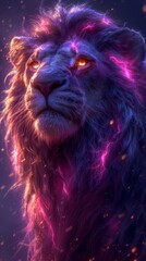 Majestic fantasy lion with glowing orange eyes and cosmic power. Vertical portrait of a powerful beast with purple and pink lightning energy in its mane