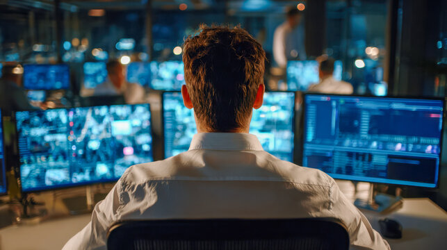 Man in white shirt monitoring multiple screens with data and information in a modern control room during nighttime work shift