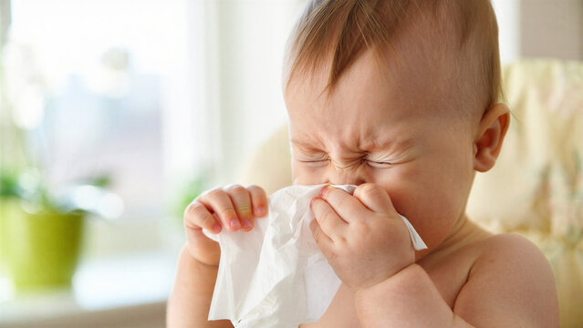 Baby sneezing with tissue in bright home environment, child health care hygiene, cold flu sinusitis, pediatric rhinitis adenoiditis otitis, infant illness prevention, natural light cozy atmosphere