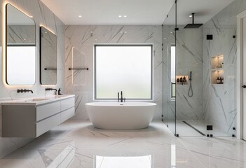 This image showcases a luxurious bathroom featuring a freestanding tub, modern vanity, and sleek design elements.