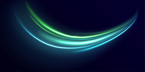Futuristic green neon streaks ripple along city roads. Motion trails, glowing energy waves, and line swirls highlight speed and dynamic traffic movement. Vector illustration. © MEDUZA