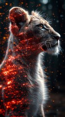 A powerful lioness in profile with glowing orange fire particles. Vertical abstract fantasy wildlife portrait. Magical energy and strength concept