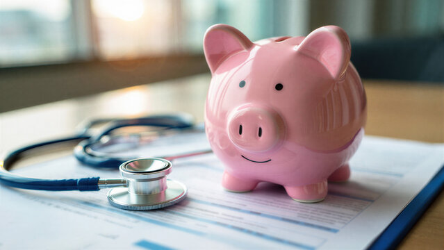 Piggy bank with stethoscope, Medical savings, healthcare cost planning, financial preparation for treatment illness piggy bank stethoscope symbolizing budget, expense management, health insurance
