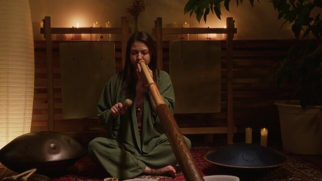 Full shot of young Caucasian female sound healing practitioner sitting with crossed legs on carpet in studio, playing didgeridoo flue and shaking rattle, while performing concert or meditation session