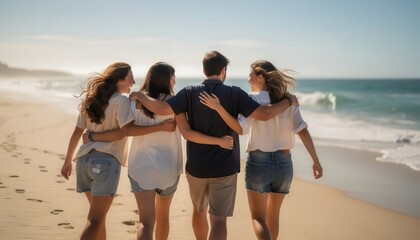 Four friends walk along a sandy beach, arms around each other, enjoying a sunny day. This image evokes themes of friendship, connection, and carefree summer moments.