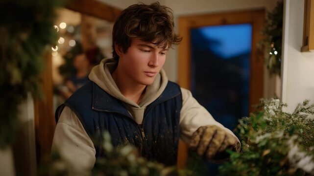 A homeowner decluttering the entryway by removing holiday wreaths and storing muddy snow boots, wiping down surfaces for a neat start to winter living. cinematic color correction, natural uneven