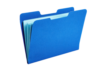 Blue file folder with a top tab and slightly open edge showing document thickness, clean office organizer shape with crisp paperboard texture, isolated on transparent background.
