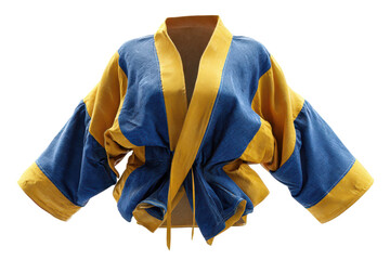 Blue and yellow jacket coat with long sleeves and defined front opening, realistic fabric folds and stitching details with a clean garment silhouette, isolated on transparent background.
