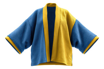 Blue and yellow jacket coat with long sleeves and defined front opening, realistic fabric folds and stitching details with a clean garment silhouette, isolated on transparent background.

