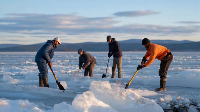 Scientists drilling core samples from a frozen lake to study winter sediment layers, capturing the quiet precision of cold-weather environmental research. cinematic color correction, natural uneven