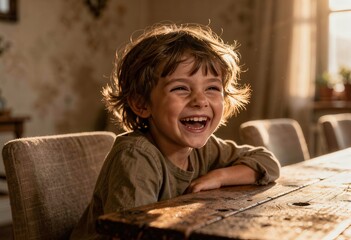 A young boy with a joyful expression sits at a rustic table, bathed in warm sunlight. This image conveys themes of childhood happiness, innocence, and simple pleasures.