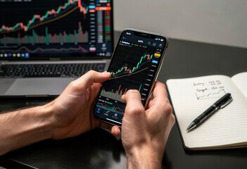 A person examines a stock market chart on their phone while holding a pen and notepad. The image conveys themes of finance, investment, and data analysis in a modern, digital context.