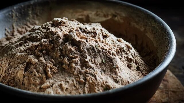 Mixing bowl with a blend of dark and malted rye flours seen from medium distance focusing on the rustic hearty dough formation
