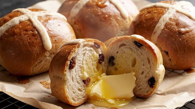 Delicious homemade hot cross buns with melted butter on a baking sheet