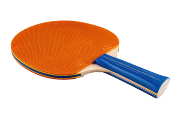 Table tennis paddle with orange brown rubber striking surface and blue handle grip, clear blade silhouette and defined handle contour, isolated on transparent background.

