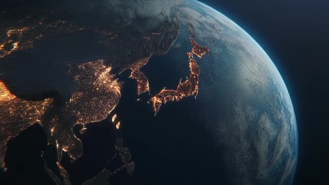 A perspective of the Earth at night, highlighting the illuminated landmasses and the glow of city lights