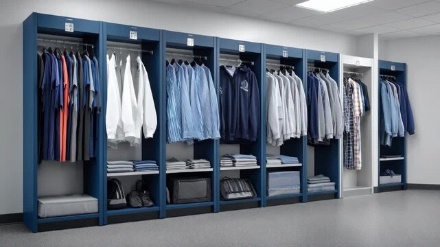 Medium shot of combo lock garment locker with secure compartments for organized clothing storage in a bustling locker room environment
